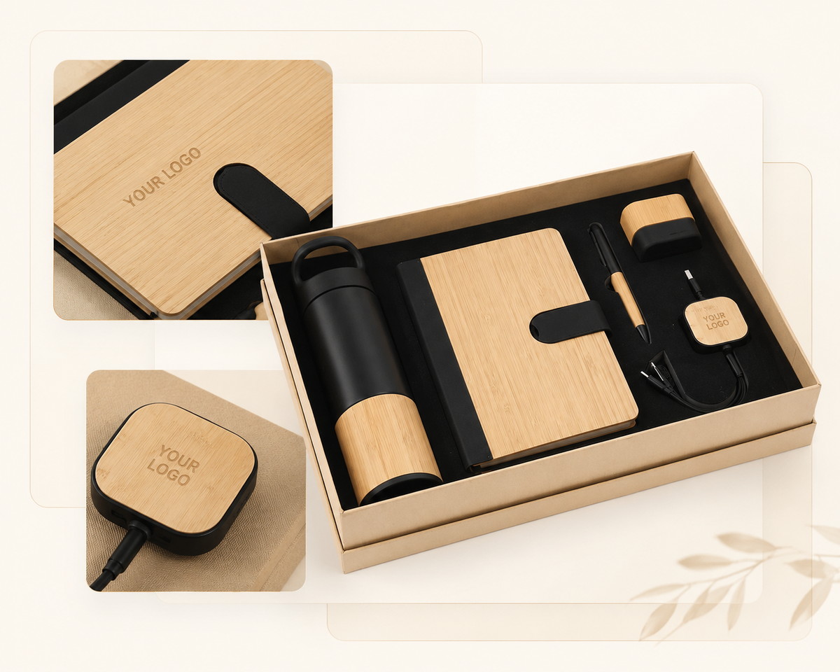 Bamboo eco branded gift set with custom logo and packaging details