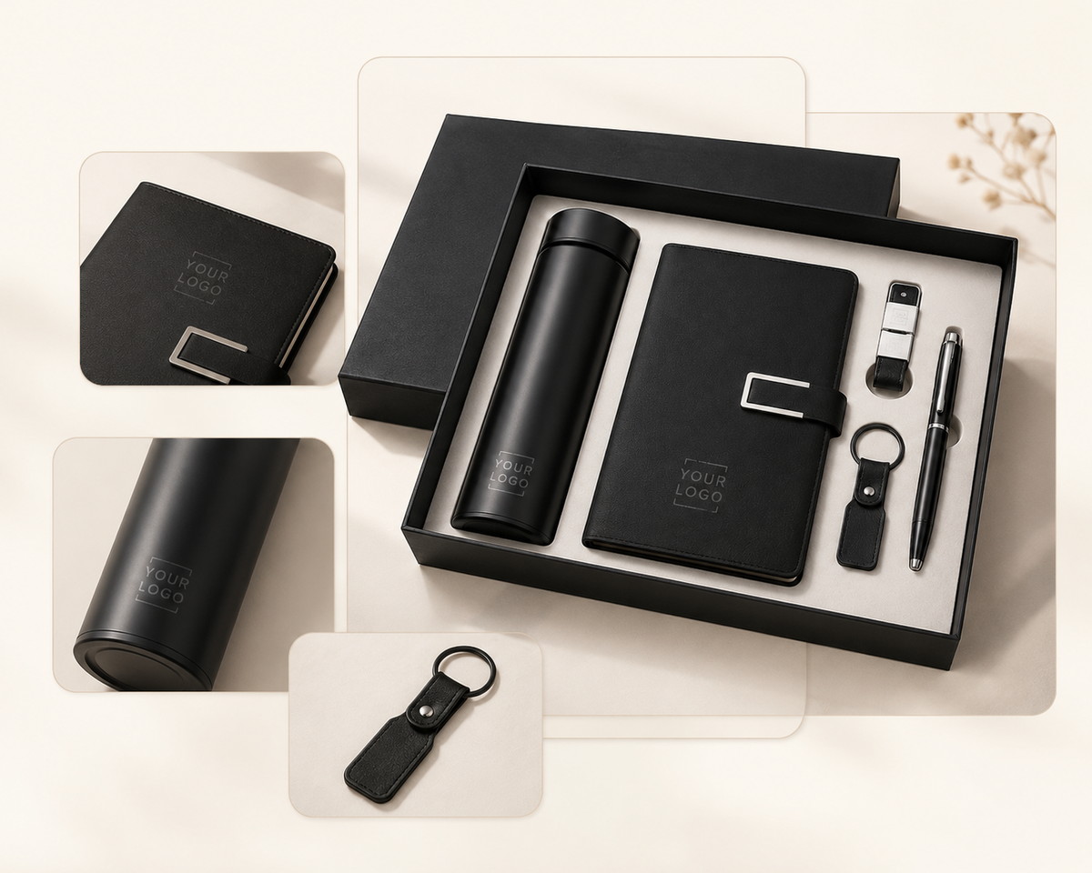 Black premium branded gift set with custom logo and packaging details