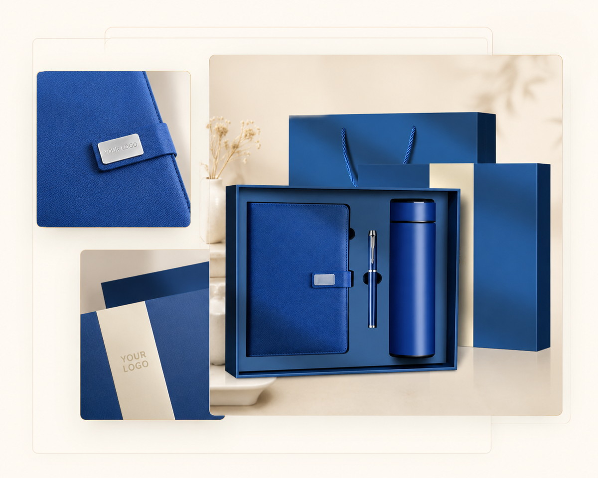 Blue business branded gift set with custom logo and packaging details